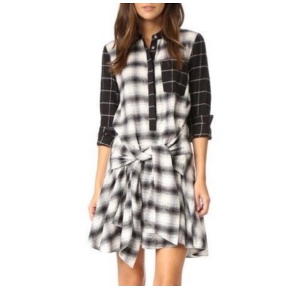 Derek Lam 10‎ Crosby Black White Plaid Shirt Flannel Dress Tie Waist Sz 2 NWT - Picture 3 of 9